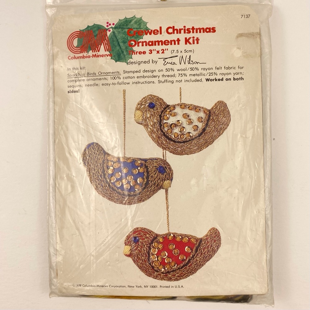 Columbia-Minerva VTG Crewel Christmas Ornament Kit Sparkling Birds 7137 Sealed